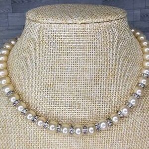 Crown Trifari Ivory Faux Pearl Choker Necklace 925 Sterling Foldover Clasp 15"L